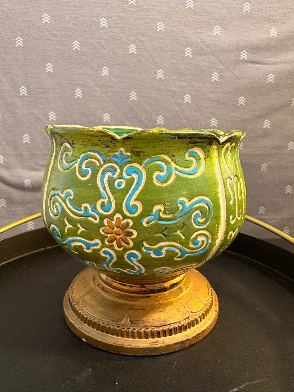 Vintage Relpo #6479 Green Decorative Ceramic Planter with Gold Pedestal Base